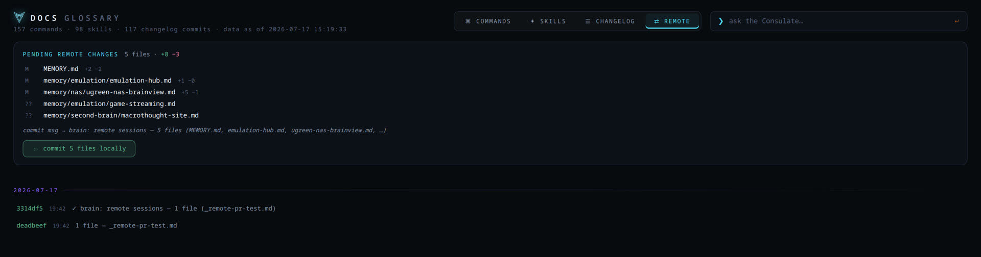 Remote changes tab — pending changes reviewed and committed locally